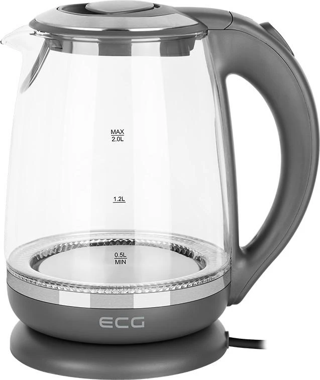 ECG Elektrinė virdulys RK 2020 Pilkas Glass, 2 L, 360° base with power cord storage, Mėlyna backlight, 1850-2200 W