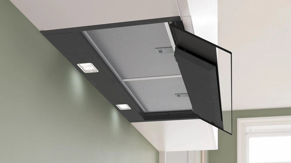 Bosch DBB87DP60 Serija 6, Integruojamasis kamino tipo gartraukis, 80 cm, skaidrus stiklas su juodu atspaudu, Matinė juoda