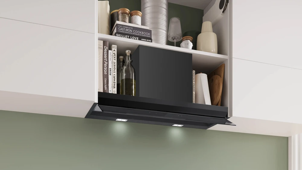 Bosch DBB87DP60 Serija 6, Integruojamasis kamino tipo gartraukis, 80 cm, skaidrus stiklas su juodu atspaudu, Matinė juoda