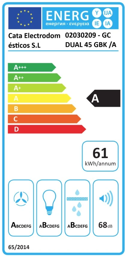 Gartraukis CATA Hood | GC DUAL 45 GBK/A | Canopy | Energy efficiency class A | Plotis 49.2 cm | 820 m³/h | Touch sensitive | LED | Juodas