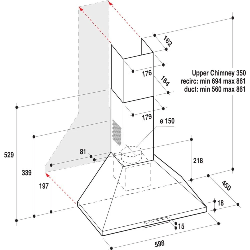 Whirlpool AKR 685/1 IX gartraukis 395 m³/h Tvirtinamas prie sienos Nerūdijančiojo plieno D