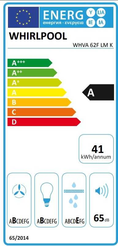 Gartraukis Whirlpool Hood | WHVA 62F LM K | Montuojamas prie sienos | Energijos vartojimo efektyvumo klasė A | Plotis 59,8 cm | 485 m³/h | Mechaninis | LED | Juodas
