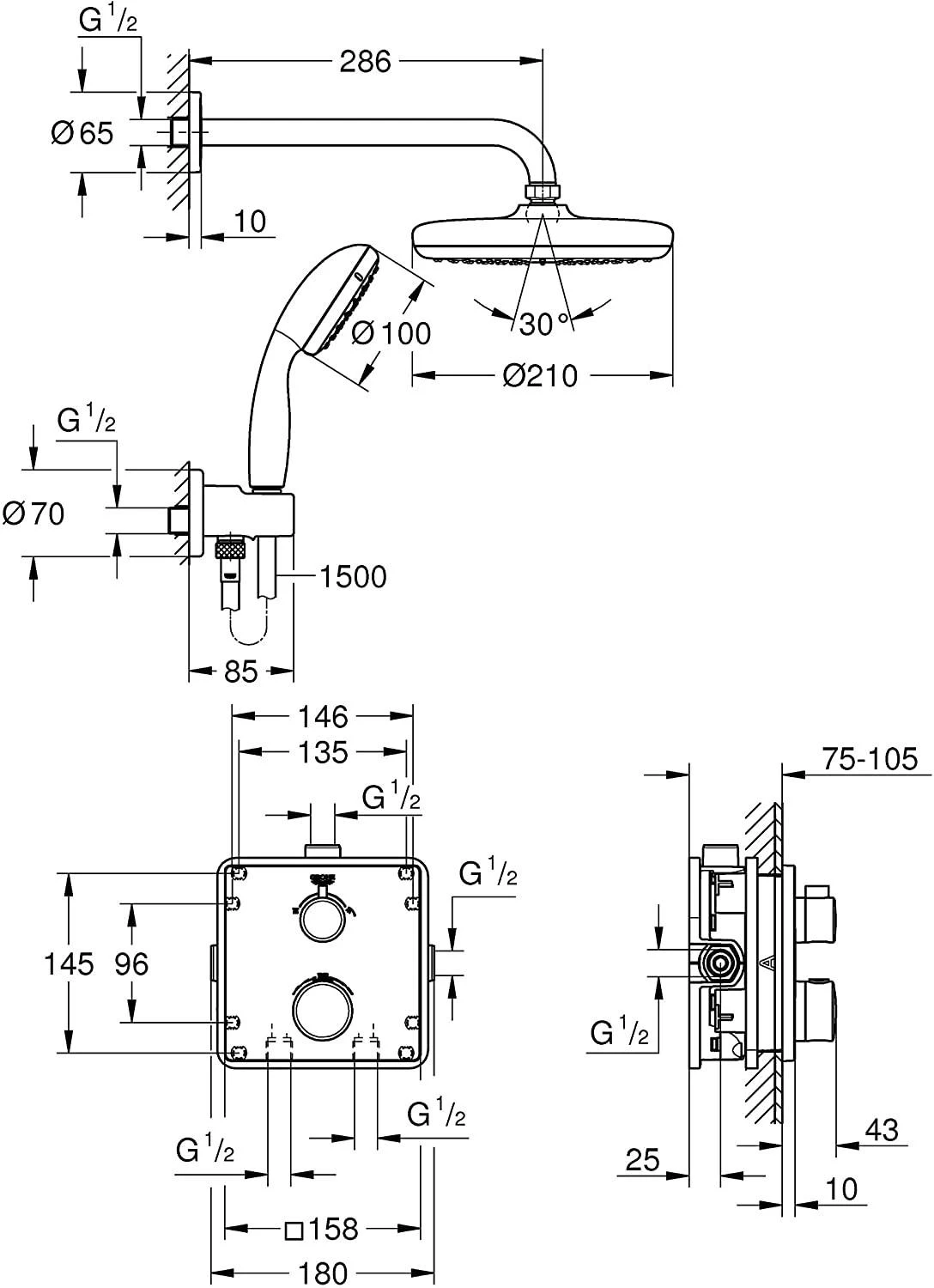 Potinkinis dušo komplektas Grohe, Grohtherm Perfect Tempesta 210