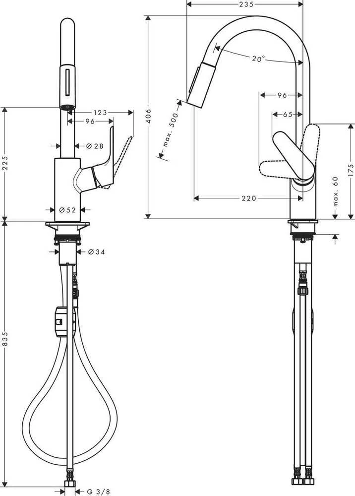 Hansgrohe Focus M41 virtuvės maišytuvas su ištraukiamu purkštuvu, 2 srovės (31815800)