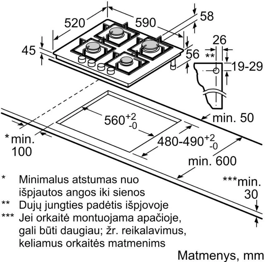 Bosch PPP6A6I10 Serija 6, Dujinė kaitlentė, Kietas stiklas, Juodas