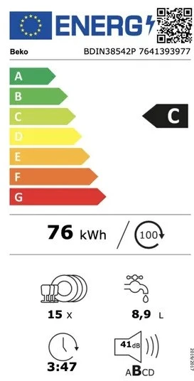 BEKO Indaplovė | BDIN38542P | Built-in | Plotis 60 cm | Number of place settings 15 | Number of programs 8 | Energy efficiency class C | Ekranas | AquaStop function | Baltas