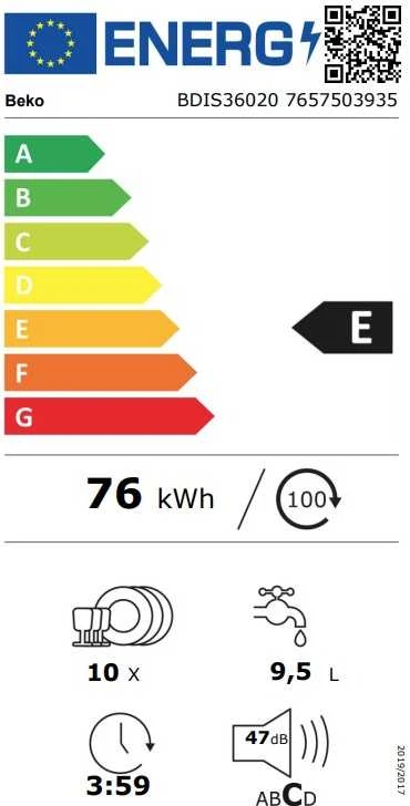BEKO Built-Indaplovė BDIS36020, E energijos klasė, 45 cm, 6 programos