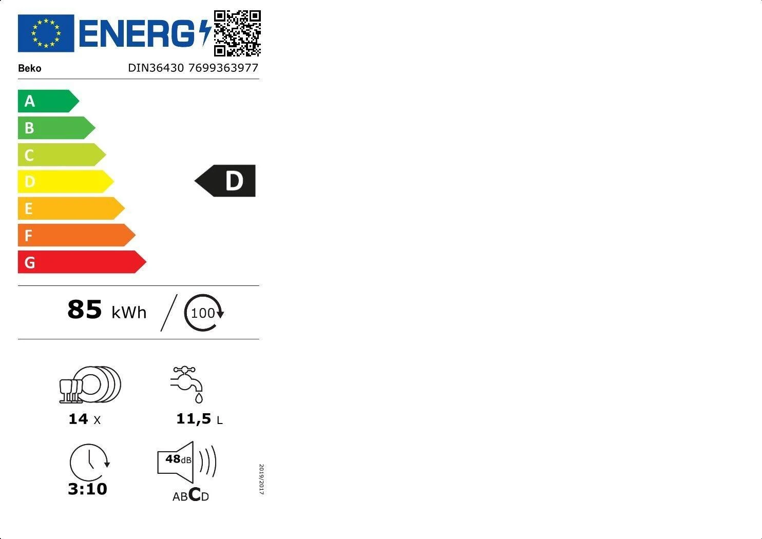 BEKO Built-In Indaplovė DIN36430, D energijos klasė (senas A+++), 60 cm, 6 programos, SelfDry, Led spot
