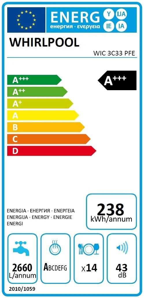 WHIRLPOOL Integruojamas Indaplovė WIC 3C33 PFE, D energijos klasė (senas A+++), 60 cm, Powerclean PRO, Trečias krepšelis, 8 programos