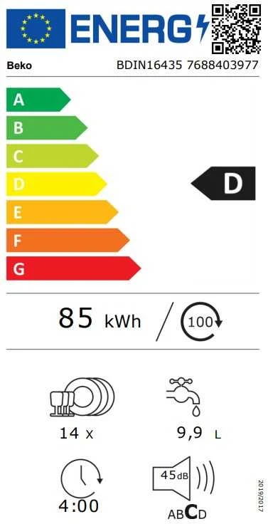 BEKO Built-In Indaplovė BDIN16435, D energijos klasė, savaime džiūsta, LED taškas