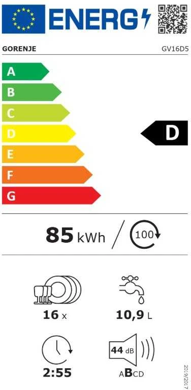 Gorenje Indaplovė | GV16D5 | Built-in | Plotis 59.8 cm | Number of place settings 16 | Number of programs 6 | Energy efficiency class D | Ekranas | AquaStop function