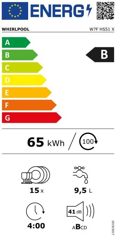 „Whirlpool“ indaplovė | W7F HS51 | Laisvai pastatoma | Plotis 60 cm | Indaplovių skaičius: 15 | Programų skaičius: 8 | Energijos vartojimo efektyvumo klasė: B | „AquaStop“ funkcija | Baltas