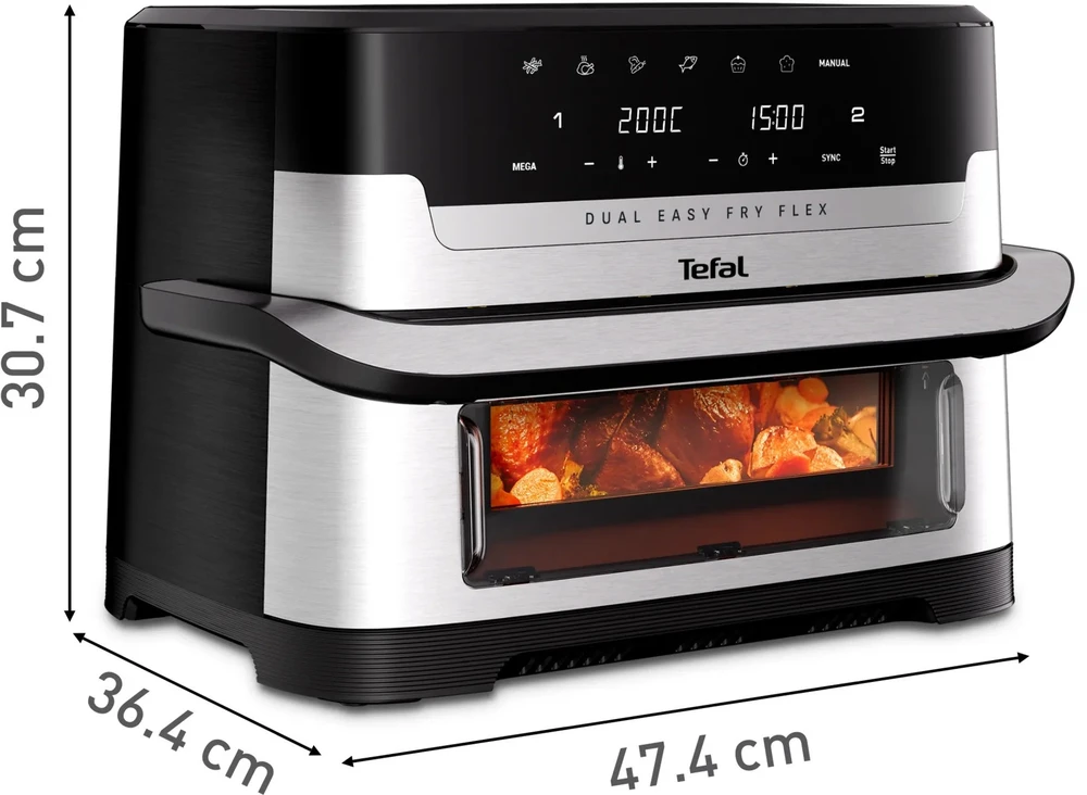 Gruzdintuvė Tefal Dual Easy Fry Flex EY922D 9 L Stand-alone Hot air fryer Juodas, Nerūdijantis plienas
