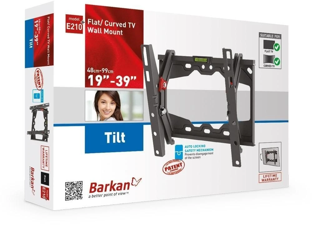 Barkan plokščio/lenkto televizoriaus sieninis laikiklis E210+, pakreipiamas, 26-39", maksimalus svoris (talpa) 40 kg, Juodas