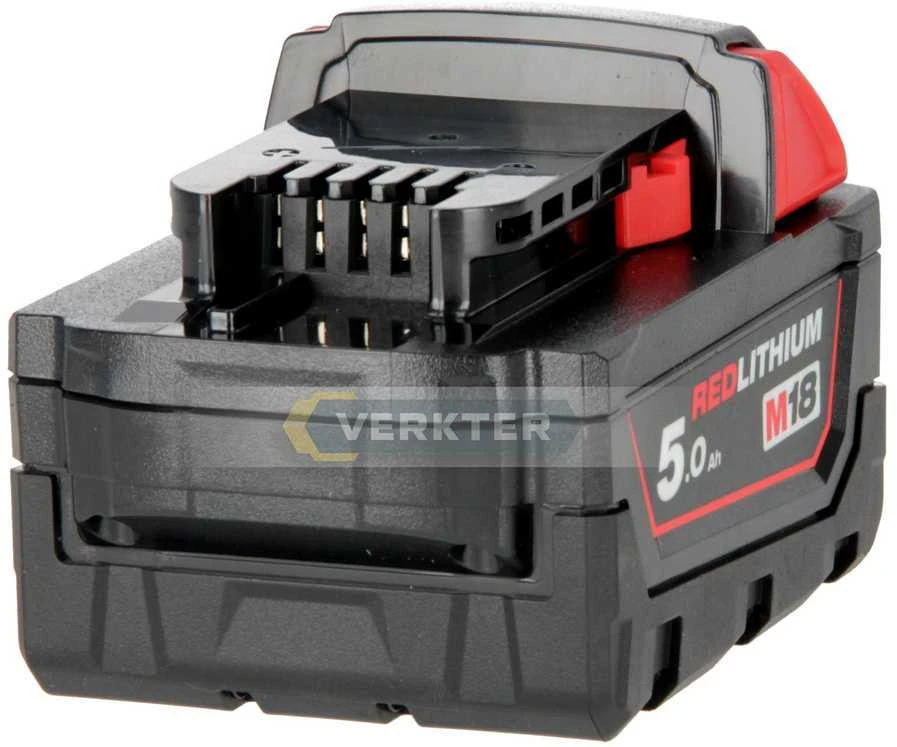Milwaukee M18 5.0Ah akumuliatorius iš arti