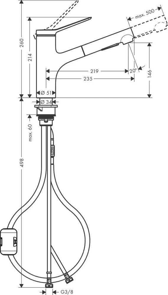 Plautuvės maišytuvas su ištraukiama žarna Hansgrohe Zesis M33, 74800670, juodas matinis
