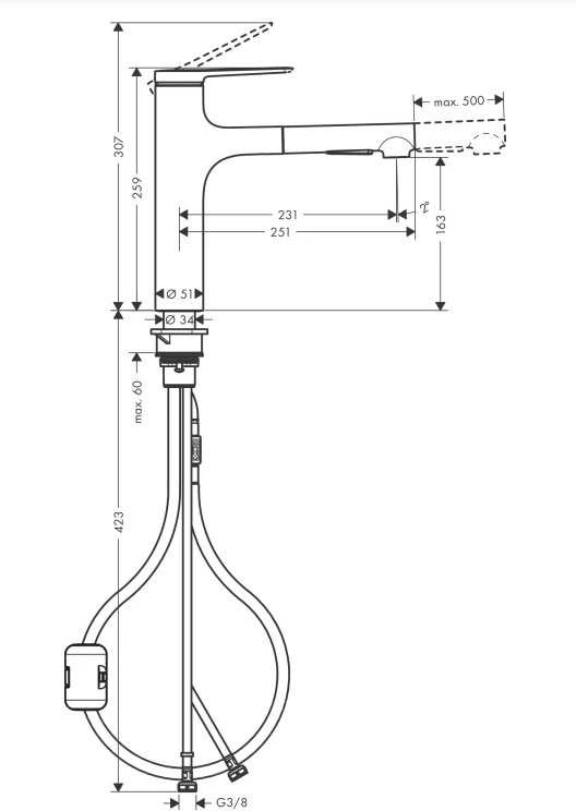 Plautuvės maišytuvas su ištraukiama žarna Hansgrohe Zesis M33, 74801000, chromo