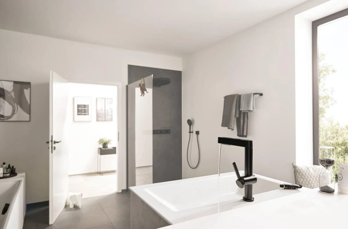 Praustuvo maišytuvas su ištraukiamu purkštuvu Hansgrohe Finoris 76063670, juodas matinis