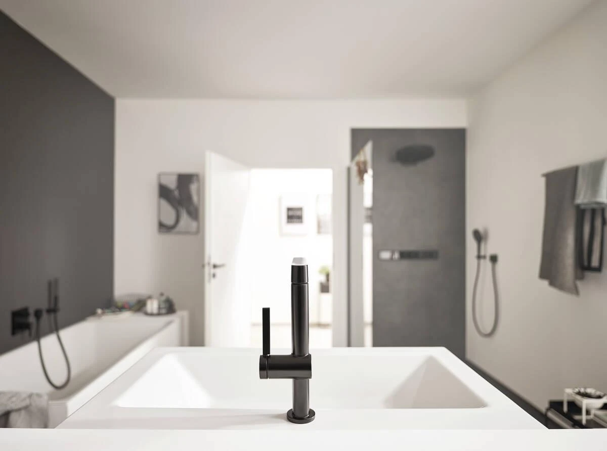 Praustuvo maišytuvas su ištraukiamu purkštuvu Hansgrohe Finoris 76063670, juodas matinis
