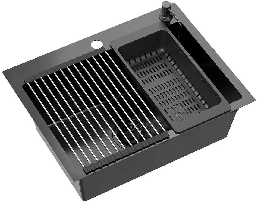 Quadron Virtuvės plautuvė su sifonu, 1 dubuo b/o + Qmat + įdėklas + dozatorius + medinė lenta + maišytuvas s