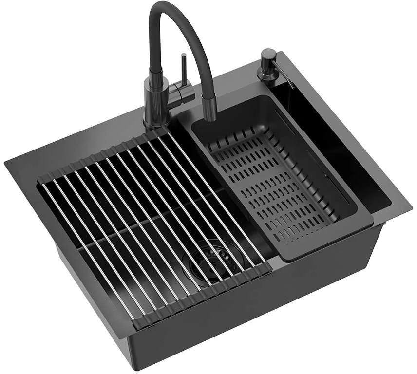 Quadron Virtuvės plautuvė su sifonu, 1 dubuo b/o + Qmat + įdėklas + dozatorius + medinė lenta + maišytuvas s