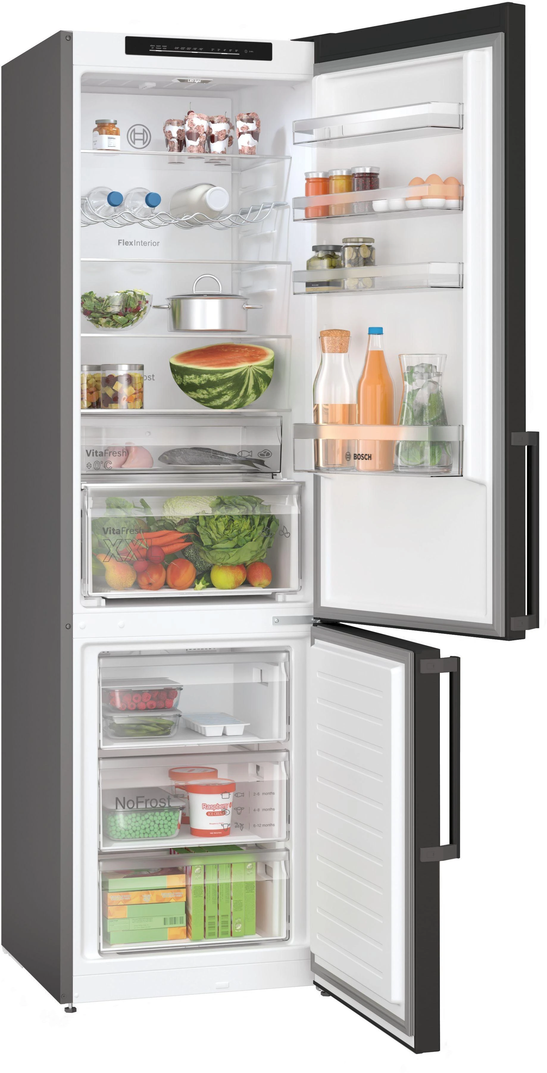 Bosch KGN39VXCT Serija 4, Laisvai statomas šaldytuvas-šaldiklis su šaldiklio skyriumi apačioje, 203 x 60 cm, Juodas šlifuotas plienas, atsparus pirštų atspaudams