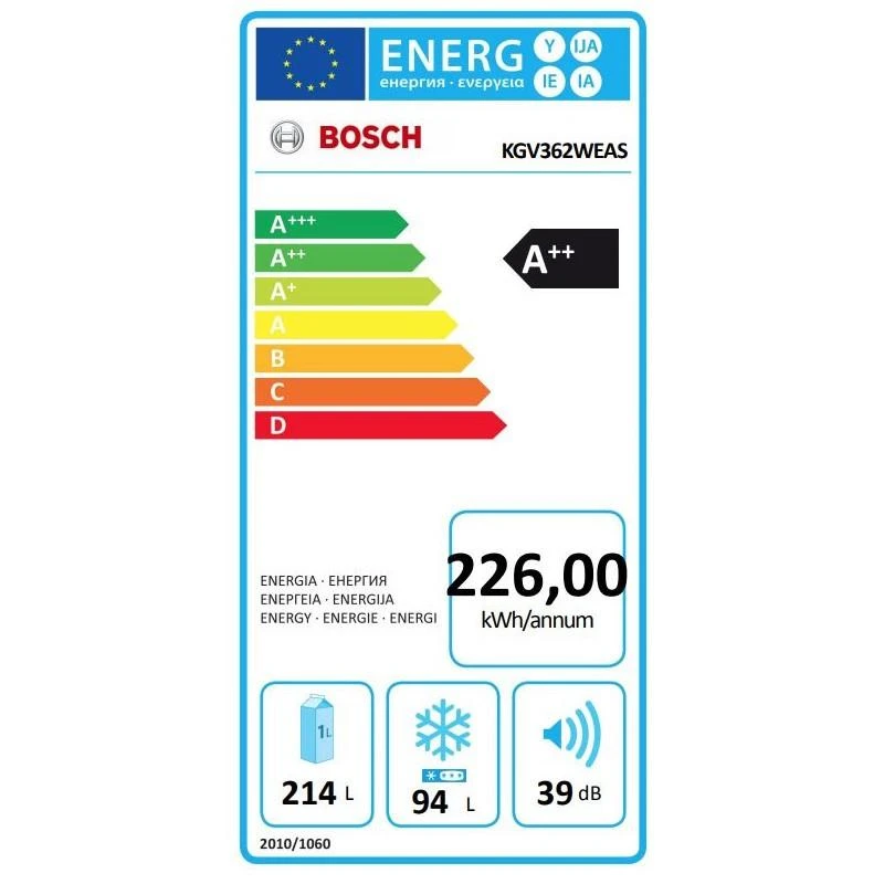 Bosch KGV362WEAS Serija 4, Laisvai statomas šaldytuvas-šaldiklis su šaldiklio skyriumi apačioje, 186 x 60 cm, Baltas