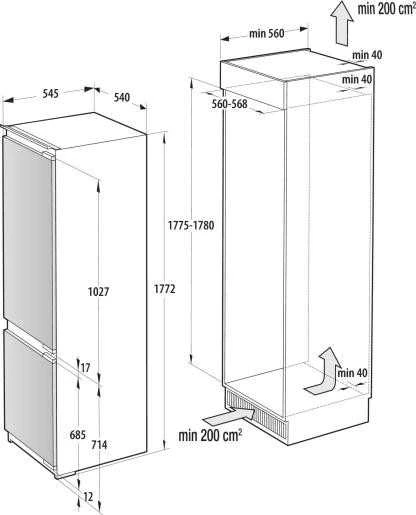 Gorenje šaldytuvas | NRKI517E82WF | Energijos vartojimo efektyvumo klasė E | Įmontuotas | Kombinuotas | Aukštis 177,2 cm | No Frost sistema | Šaldytuvo grynoji talpa 176 L | Šaldiklio grynoji talpa 76 L | Rodyti | 35 dB | Baltas