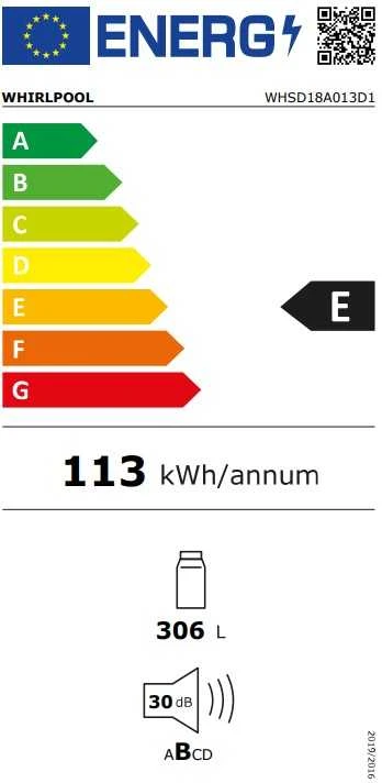 Whirlpool Šaldytuvas | WHSD18A013D1 | Energy efficiency class E | Built-in | Larder | Height 177 cm | Šaldytuvas net capacity 306 L | Ekranas | 30 dB | Nerūdijantis plienas
