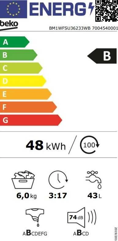 BEKO Skalbimo mašina BM1WFSU36233WB, 6kg, Energy class B, 44.6 cm, 1200 rpm, Inverter motor, Steam Cure