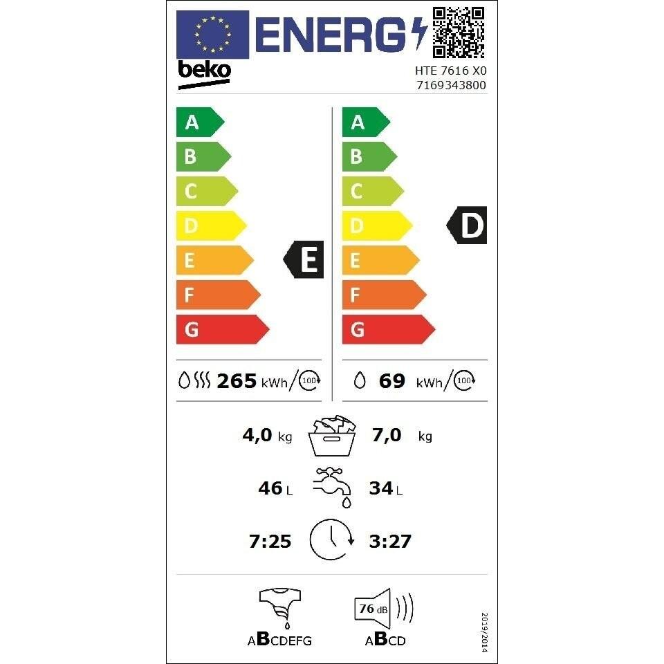 Skalbimo mašina su džiovykle Beko HTE7616X0 7kg - 4kg, Gylis 50cm
