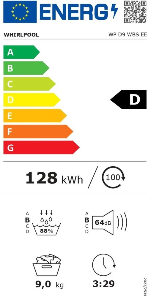 „Whirlpool“ džiovyklė | WP D9 WBS EE | Energijos vartojimo efektyvumo klasė D | Priekinis pakraunamas | 9kg | Šilumos siurblys | Skaitmeninis | Gylis 61 cm | Baltas