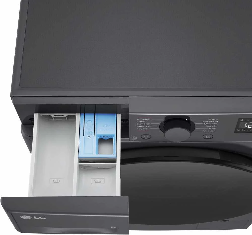 LG | Skalbimo mašina | F2WR508S2M | Energy efficiency class A | Front loading | Skalbimo talpa 8kg | 1200 RPM | Gylis 48 cm | Plotis 60 cm | LED | Middle Juodas