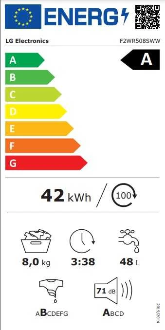 LG | Skalbimo mašina | F2WR508SWW | Energy efficiency class A | Front loading | Skalbimo talpa 8kg | 1200 RPM | Gylis 47.5 cm | Plotis 60 cm | Ekranas | LED | Steam function | Direct drive | Baltas