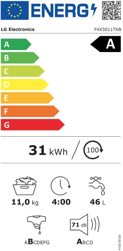 LG | Skalbimo mašina | F4X5011TKB | Energy efficiency class A | Front loading | Skalbimo talpa 11 kg | 1400 RPM | Gylis 57 cm | Plotis 60 cm | Ekranas | LED | Baltas