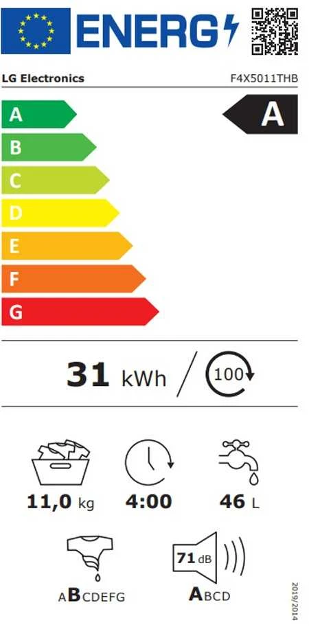 LG | Skalbimo mašina | F4X5011THB | Energy efficiency class A | Front loading | Skalbimo talpa 11 kg | 1400 RPM | Gylis 57 cm | Plotis 60 cm | Ekranas | LED | Steam function | Direct drive | Wi-Fi | Baltas