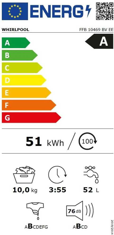 WHIRLPOOL Skalbimo mašina FFB 10469 BV EE, 10 kg, 1400 rpm, Energy class A, Gylis 60.5 cm, Steam refresh