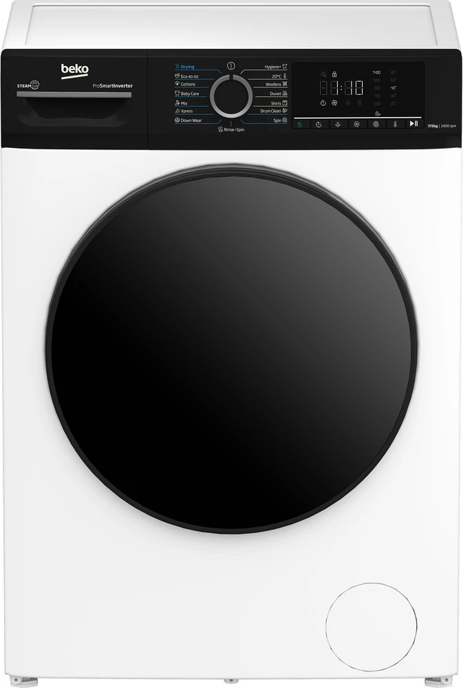 BEKO | Skalbimo mašina with dryer | BMM5DFO5741WPB | Energy efficiency class A/D | Front loading | Skalbimo talpa 7kg | 1400 RPM | Gylis 52 cm | Plotis 60 cm | Ekranas | LED | Drying system | Drying capacity 5kg | Steam function | Baltas
