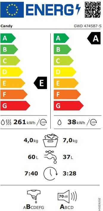Skalbimo mašina su džiovinimo funkcija Candy ProWash ampDry 300, GWD 474SB7-S, 7kg/ 4kg