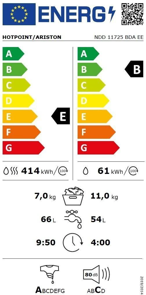 Hotpoint ARISTON Hotpoint | Skalbimo mašina With Dryer | NDD 11725 BDA EE | Energy efficiency class E | Front loading | 7kg | Skalbimo talpa 11 kg | Yes | LCD | Gylis 61 cm | Steam function | Juodas