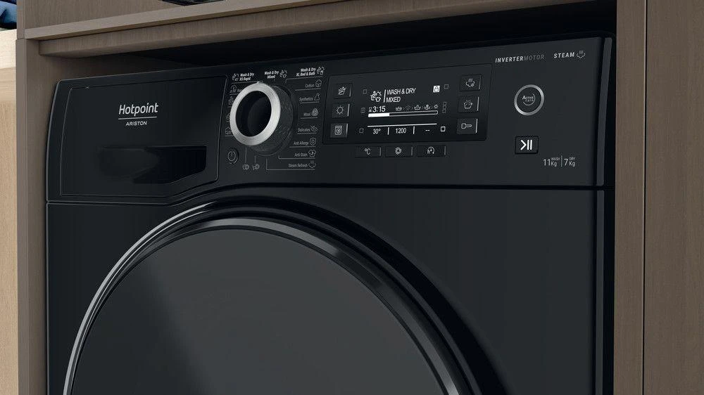 Hotpoint ARISTON Hotpoint | Skalbimo mašina With Dryer | NDD 11725 BDA EE | Energy efficiency class E | Front loading | 7kg | Skalbimo talpa 11 kg | Yes | LCD | Gylis 61 cm | Steam function | Juodas