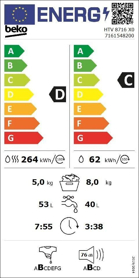 BEKO Skalbimo mašina - Džiovintuvas HTV 8716 X0 8kg - 5kg, 1400rpm, D energijos klasė (senas A), Gylis 59 cm, Inverterinis variklis, HomeWhiz