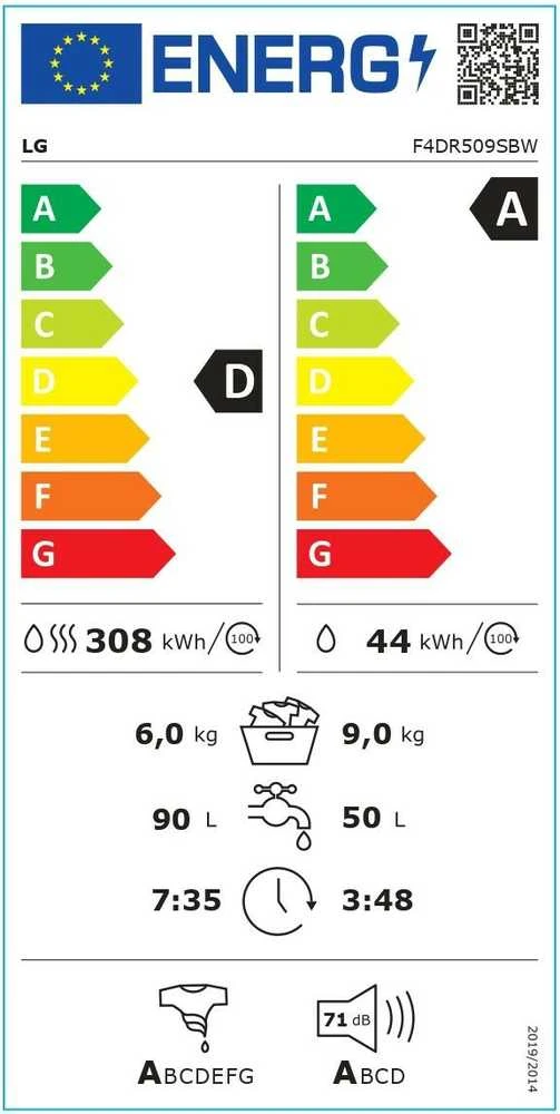 LG | Skalbimo mašina su džiovykle | F4DR509SBW | Energijos vartojimo efektyvumo klasė A | Pakrovimas iš priekio | Skalbimo talpa 9kg | 1400 RPM | Gylis 55 cm | Plotis 60 cm | Ekranas | Sukamoji rankenėlė + LED | Džiovinimo sistema | Džiovinimo talpa 6kg | Garų funkcija | Tiesioginis varymas | Baltas