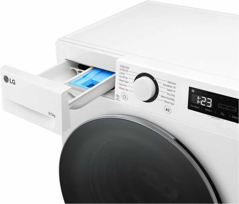 LG | Skalbimo mašina su džiovykle | F4DR509SBW | Energijos vartojimo efektyvumo klasė A | Pakrovimas iš priekio | Skalbimo talpa 9kg | 1400 RPM | Gylis 55 cm | Plotis 60 cm | Ekranas | Sukamoji rankenėlė + LED | Džiovinimo sistema | Džiovinimo talpa 6kg | Garų funkcija | Tiesioginis varymas | Baltas