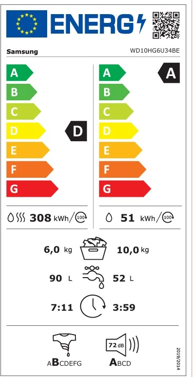 Skalbimo mašina su džiovinimo funkcija Samsung AI Ecobubble, WD10HG6U34BEU4, 10/6kg