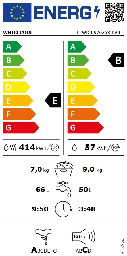 WHIRLPOOL Skalbimo mašina - Džiovintuvas FFWDB 976258 BV EE, E energetinė klasė, 9kg - 7kg, 1600 aps./min., Gylis 60,5 cm, Inverterinis variklis, Garų atnaujinimas