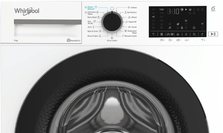 Whirlpool | Skalbimo mašina | WAM 97WB EE | Energy efficiency class A | Front loading | Skalbimo talpa 9kg | 1400 RPM | Gylis 58 cm | Plotis 60 cm | Ekranas | Digital | Steam function | Baltas