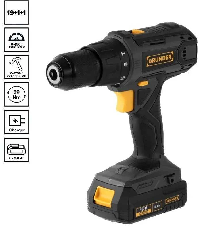 Smūginis gręžtuvas Grunder CD-L1318, 18 V, 2000 mAh