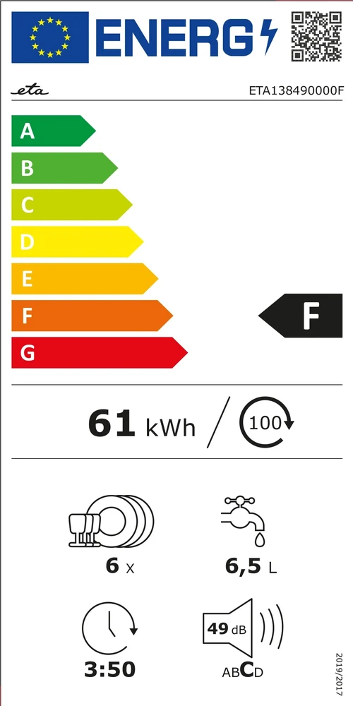 ETA Indaplovė | ETA138490000F | Table | Plotis 55 cm | Number of place settings 6 | Number of programs 8 | Energy efficiency class F | Ekranas | Baltas