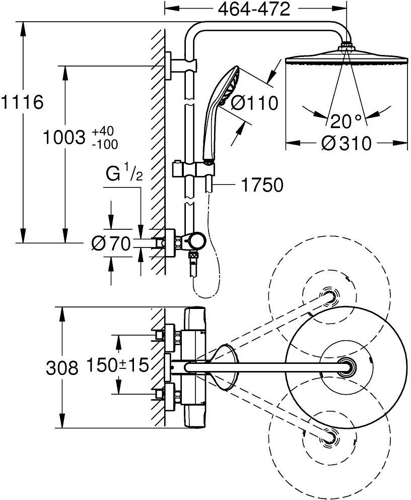 Termostatinė dušo sistema Grohe Euphoria System 310, 26075001, chromo